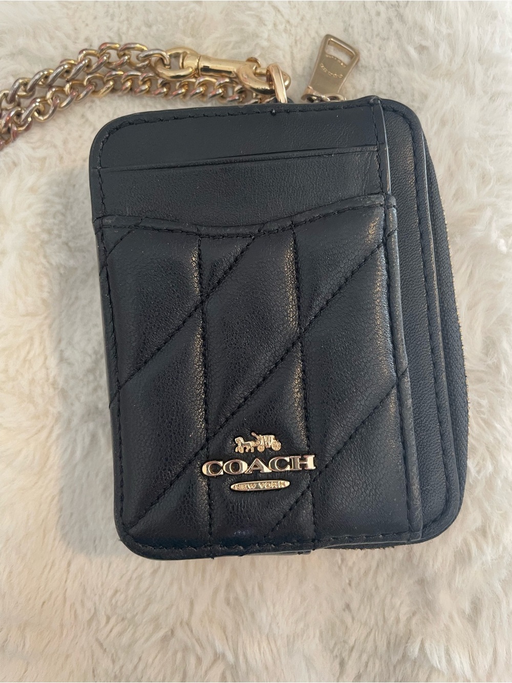 Coach Black Quilted Leather Card Case with Gold Chain